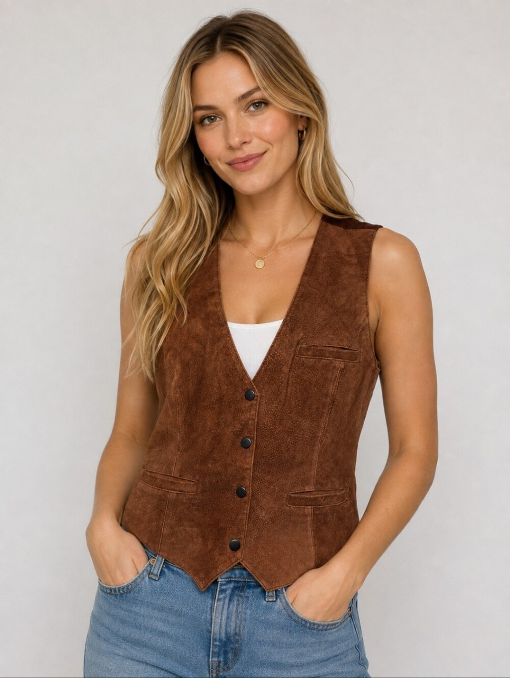 Vintage Liquid By Erez Leyy Brown Suede Boho Leather Vest Women's Size Large